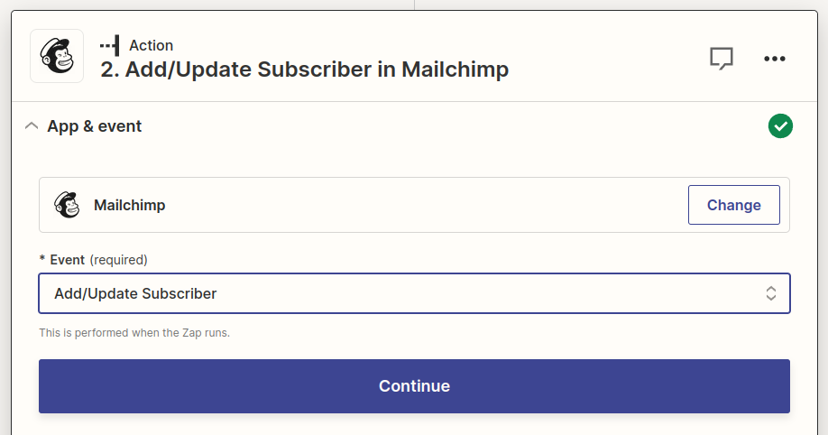 Selection of MailChimp Zap action