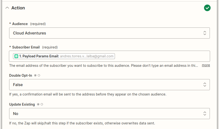 How to configure MailChimp Zap action